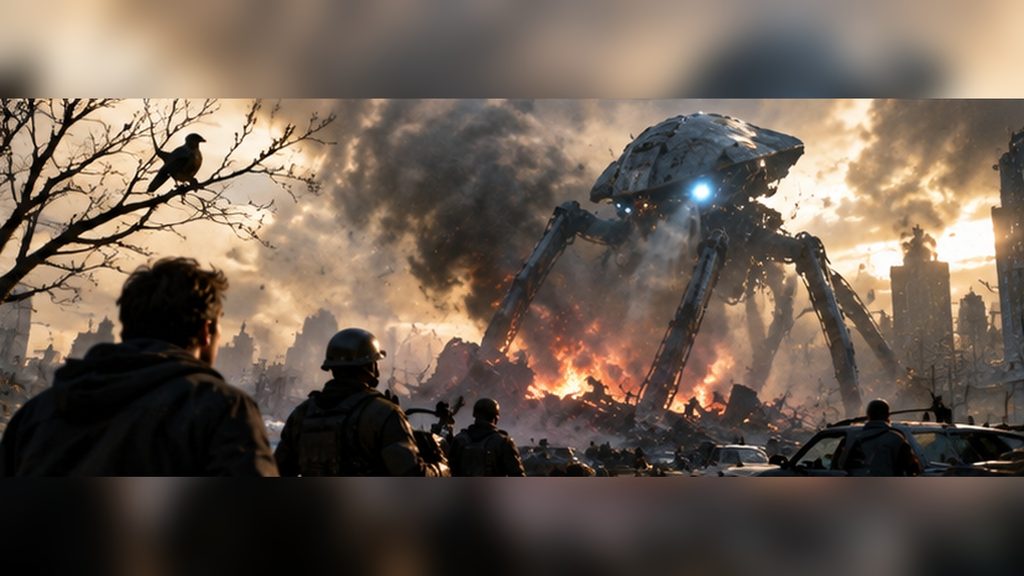 映画『宇宙戦争』で軍の砲撃を防御シールドではね返す複数のトライポッド