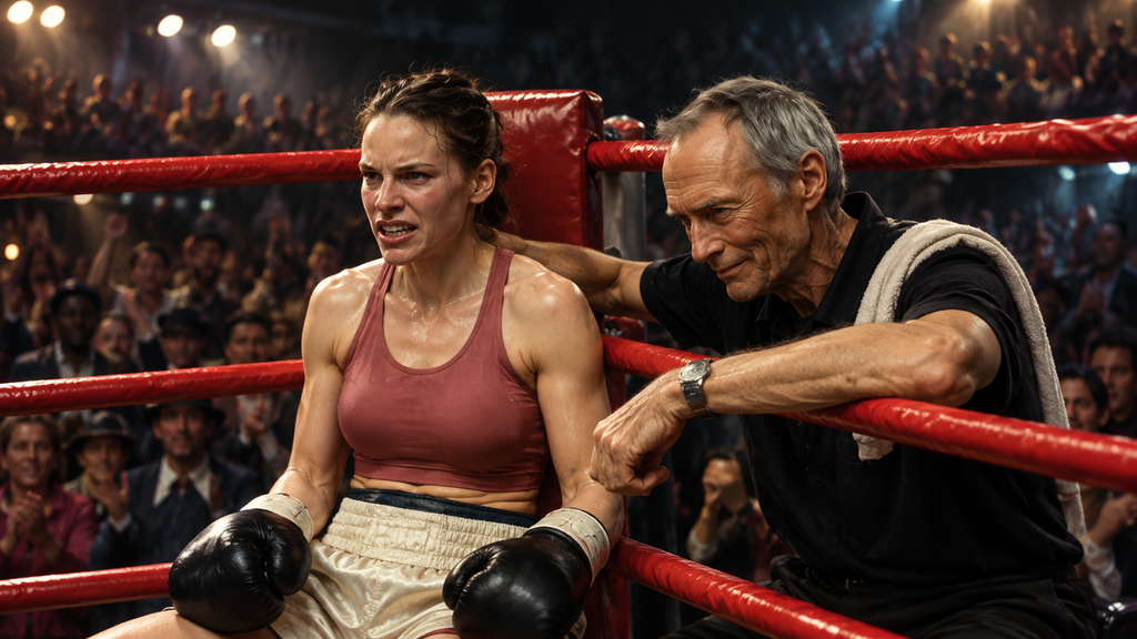 映画『ミリオンダラー・ベイビー』で、リングのコーナーにいるマギーと寄り添うトレーナーのフランキーを描いたイラスト