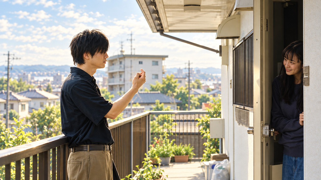 映画『宮本から君へ』をイメージした、日差しの差し込むアパートの廊下で男性が玄関先の女性に話しかける