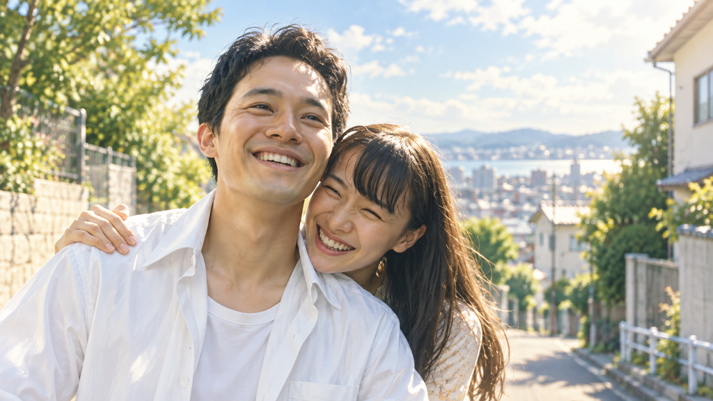 映画『宮本から君へ』の宮本と靖子をイメージした、晴れた坂道で女性が男性の肩に寄り添い笑顔を見せる