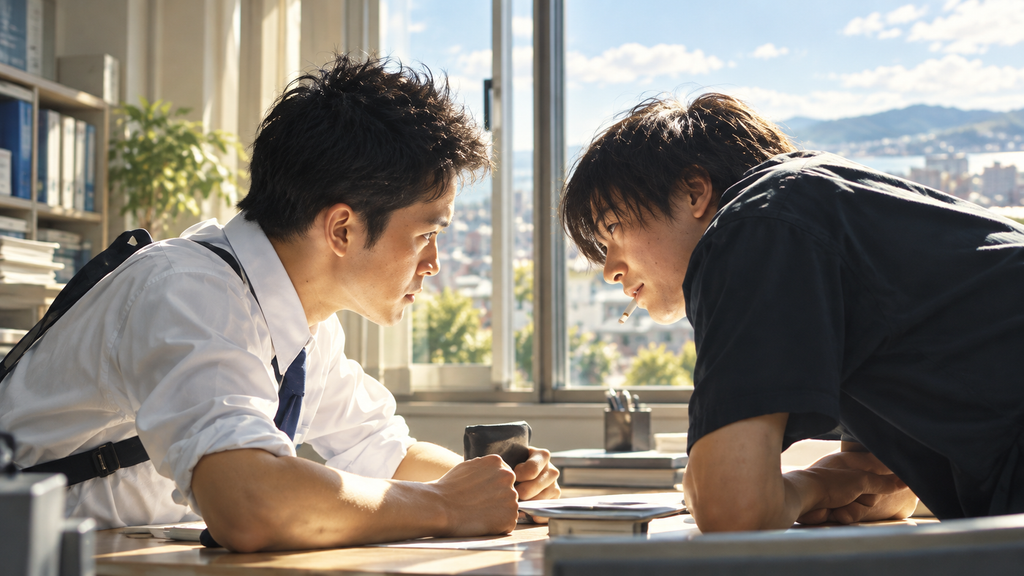 映画『宮本から君へ』の緊迫した人間関係をイメージした、明るい室内の机越しに険しい表情で向き合う男性二人