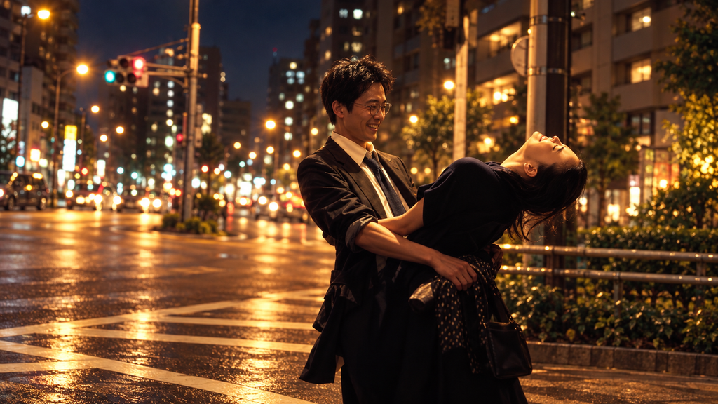 映画『宮本から君へ』の恋愛をイメージした、街灯が輝く夜の街でスーツ姿の男性が笑顔の女性の体を支える