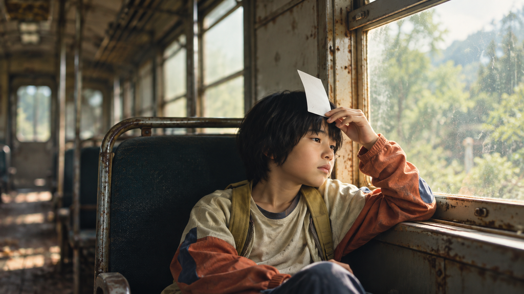 映画『怪物』で湊と依里の秘密基地となる廃車両をイメージし、古い列車の窓辺で少年が静かに外を眺めるイラスト