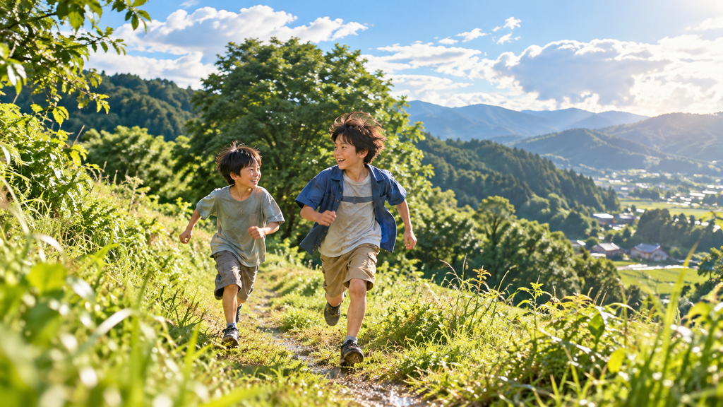 映画『怪物』のラストシーンをイメージし、湊と依里を思わせる二人の少年が明るい緑の丘を笑顔で走るイラスト