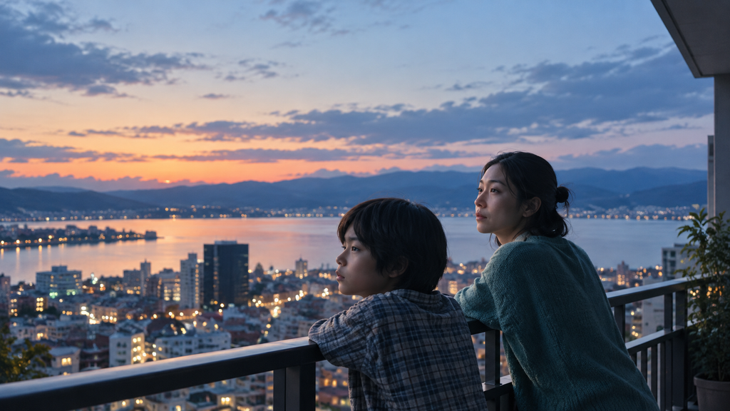 映画『怪物』の麦野早織と息子の湊をイメージした母子が、夕暮れの湖畔の街をベランダから見つめるイラスト