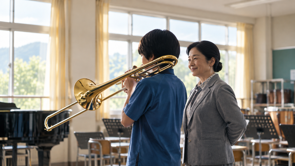 映画『怪物』の伏見校長と湊をイメージし、音楽室で少年がトロンボーンを吹き、校長先生が見守るイラスト