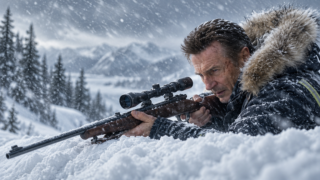 映画『スノー・ロワイヤル』で雪原からライフルを構えるネルズ