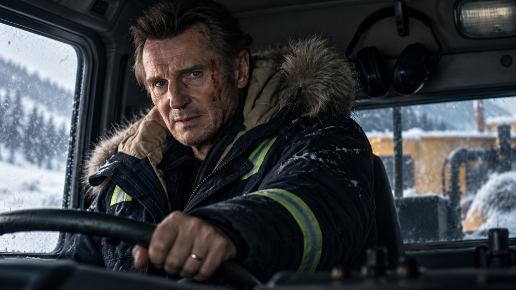 映画『スノー・ロワイヤル』で雪山の除雪車を運転するネルズ