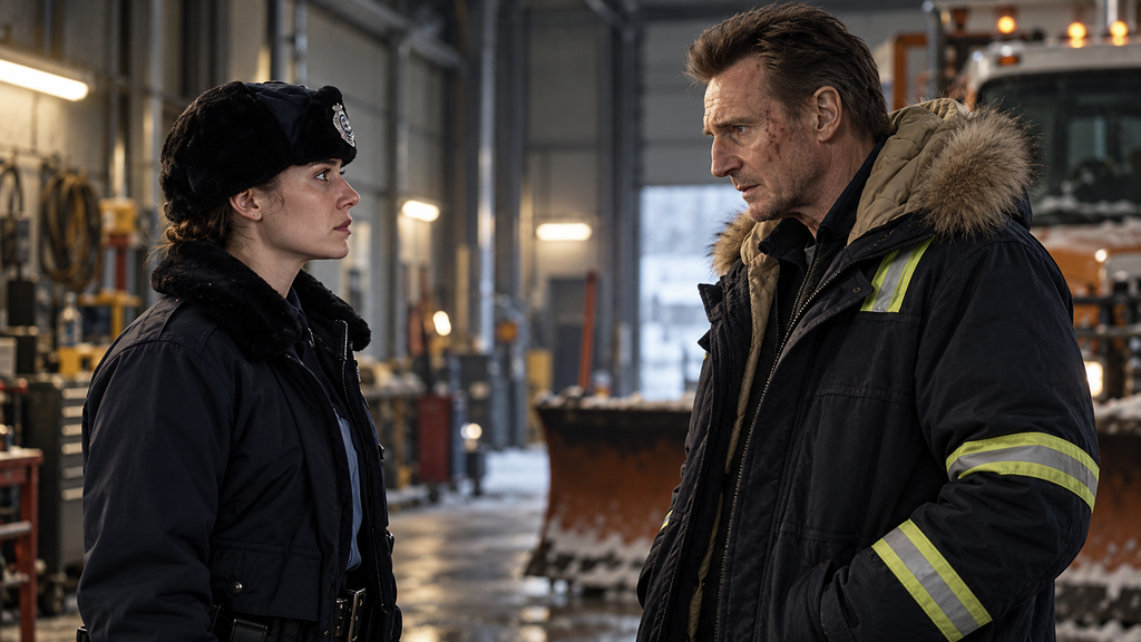 映画『スノー・ロワイヤル』で作業場の女性警察官と向き合うネルズ