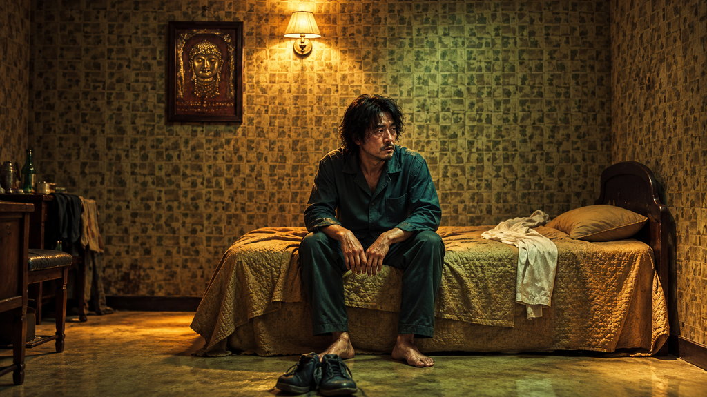 映画『オールド・ボーイ』で15年間監禁されたオ・デスをイメージした、薄暗い部屋のベッドに座る男性