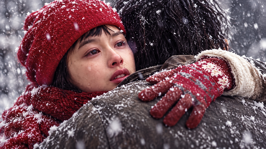 映画『オールド・ボーイ』のラストシーンをイメージした、雪の降る中で男性を抱きしめる赤い帽子のミド