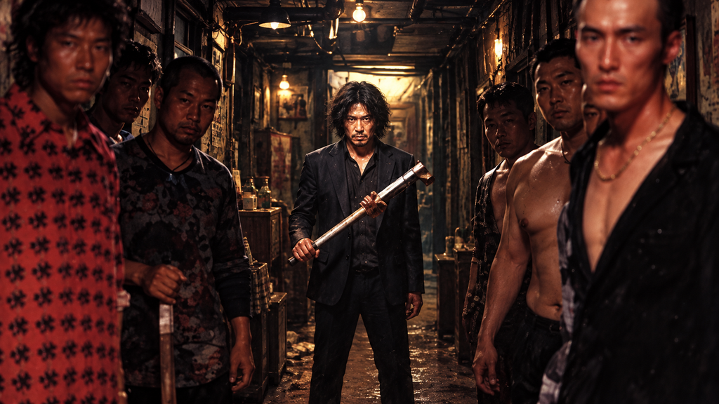 映画『オールド・ボーイ』の格闘シーンをイメージした、薄暗い廊下でハンマーを手に複数の男と対峙するオ・デス