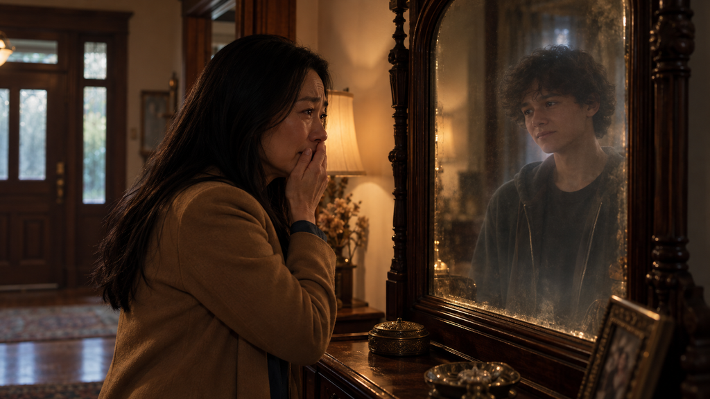 映画『プレゼンス 存在』の結末をイメージした、古い鏡に映るタイラーの幽霊を見つめ、驚きと悲しみの表情を浮かべる母レベッカ