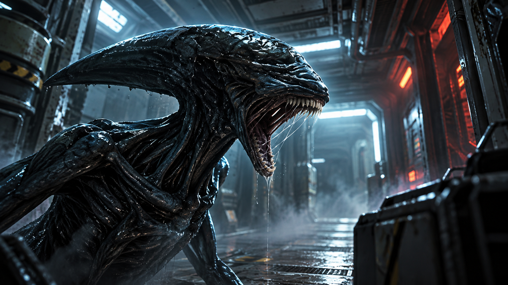映画『プロメテウス』の異星生物をイメージした、細長い頭部と鋭い牙を持つ黒い怪物が宇宙船内で口を開く