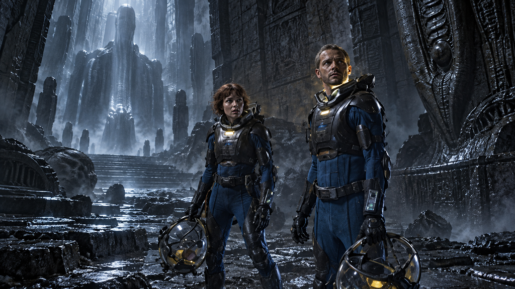 映画『プロメテウス』のショウ博士たちをイメージした、青い宇宙服を着た男女が巨大な異星人の遺跡を探索