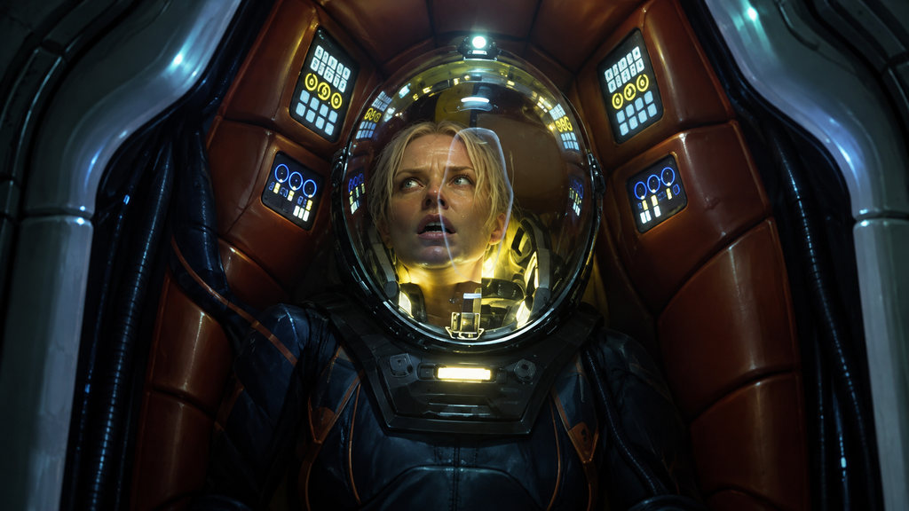 映画『プロメテウス』のショウ博士をイメージした、未来的な宇宙ポッドの中で不安そうな表情を浮かべる女性