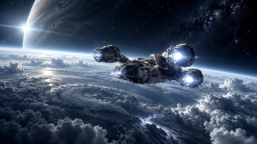 映画『プロメテウス』をイメージした、巨大惑星の雲海上を航行する未来の宇宙探査船