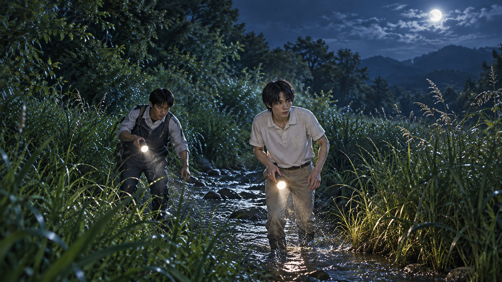 映画『楽園』の少女失踪事件をイメージした、夜の川辺を懐中電灯で捜索する男性