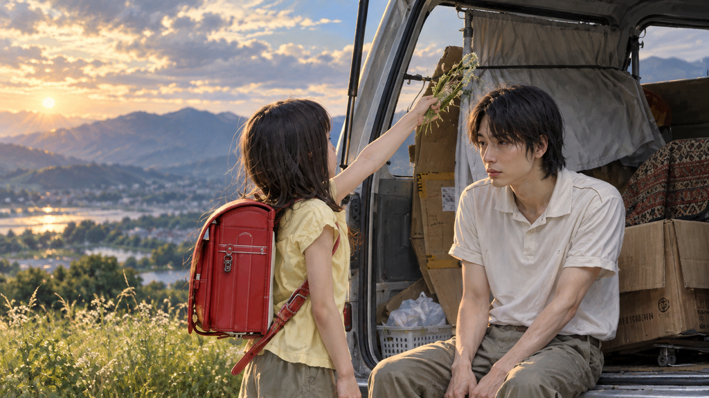 映画『楽園』の愛華を思わせる少女が、車に座る豪士を思わせる青年に野花を差し出す