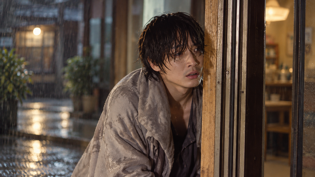 映画『楽園』の豪士をイメージした、雨の中で建物の入口に身を寄せ不安そうな表情を浮かべる青年