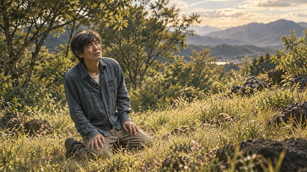 映画『楽園』の善次郎をイメージした、山あいの草地にひざまずき悲しげに空を見上げる男性