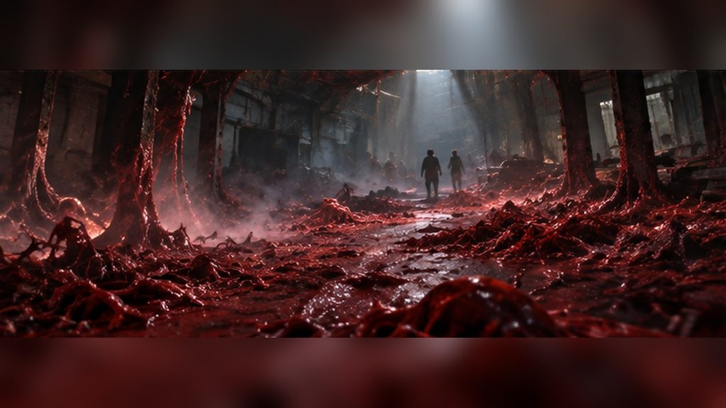 映画『宇宙戦争』の地下室で父娘が赤い植物とトライポッドの探索を警戒する場面