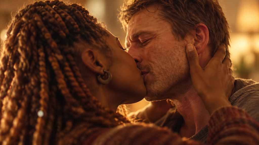 映画『ランニング・マン』のベンと妻シーラが抱き合い、キスを交わす姿