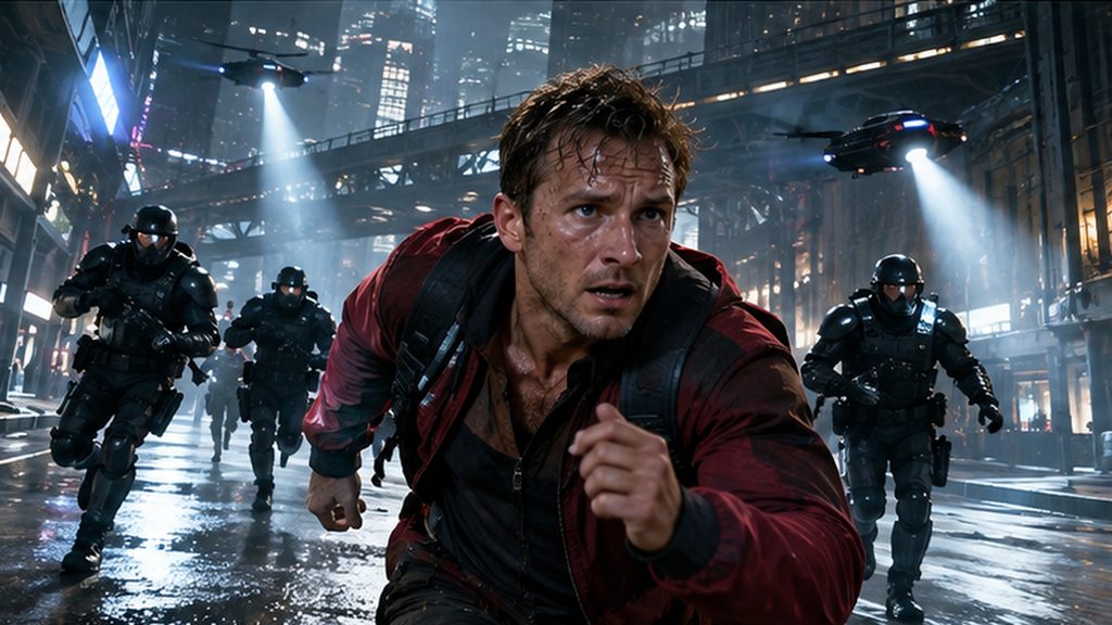 映画『ランニング・マン』で主人公ベンが近未来都市を走り、武装した追跡者から逃げる場面