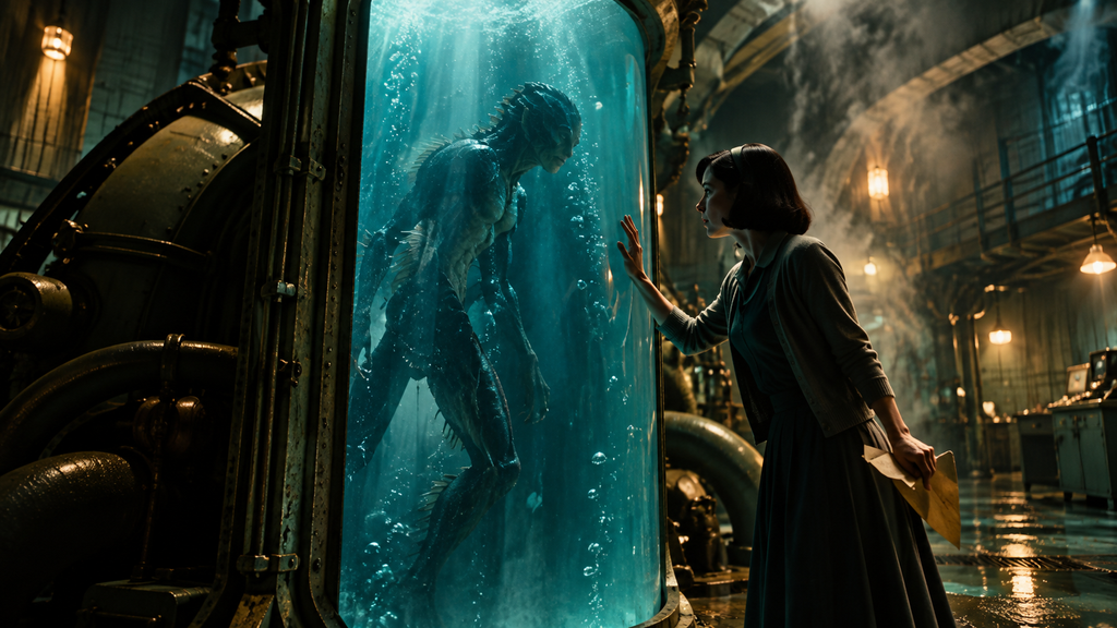 映画『シェイプ・オブ・ウォーター』のイライザが研究施設の水槽にいる半魚人と向き合う