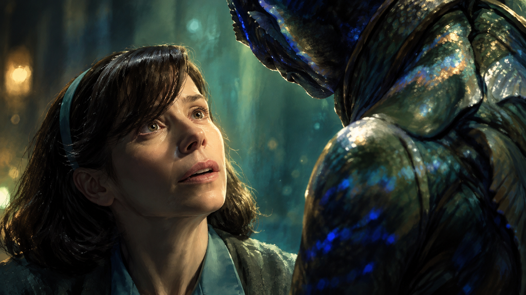 映画『シェイプ・オブ・ウォーター』のイライザが半魚人を見上げて見つめ合う愛情