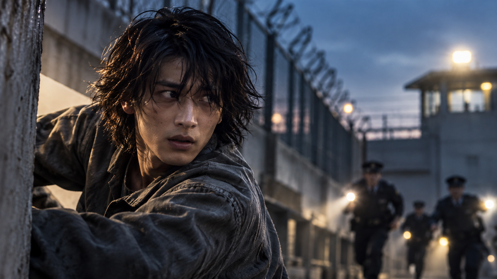 映画『正体』の鏑木慶一をイメージした青年が、収容施設のコンクリート壁に身を隠し、追跡する警察官を警戒する場面