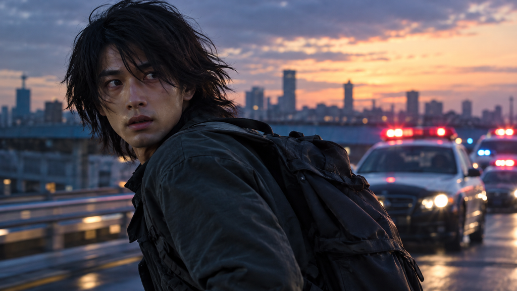 映画『正体』で警察から追われる鏑木慶一をイメージした青年が、夕焼けの街で接近するパトカーを振り返る緊迫した場面