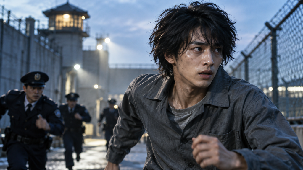 映画『正体』の鏑木慶一をイメージした青年が、夕暮れの収容施設で警官に追われながら必死に走る場面