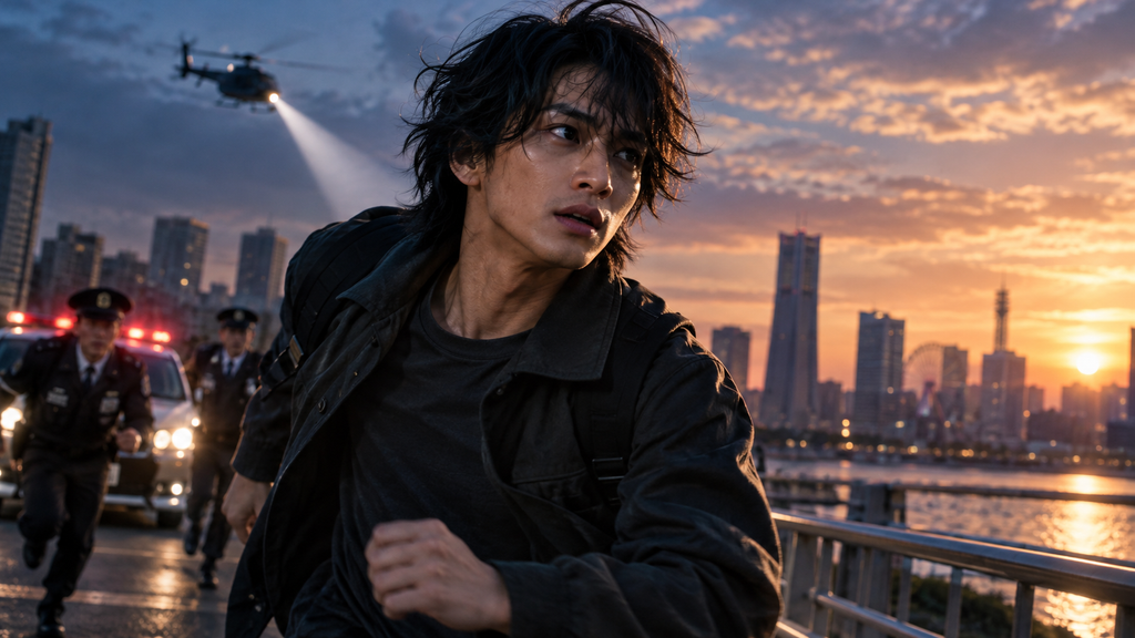 映画『正体』で冤罪を晴らすため逃亡する鏑木慶一をイメージした青年と、夕暮れの海辺で追跡する警察官やヘリコプター