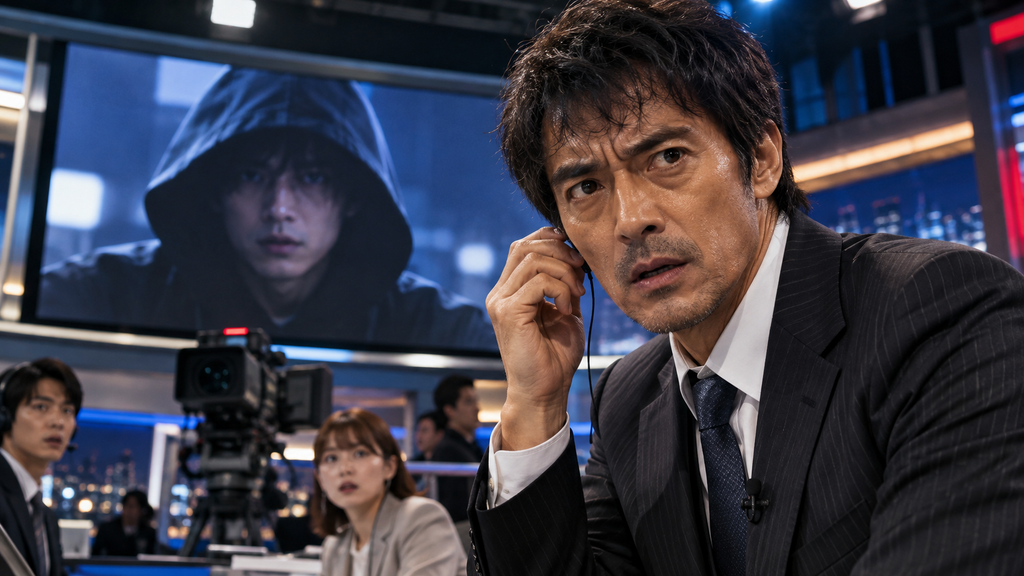 映画『ショウタイムセブン』の犯人・繁藤寛二をイメージした黒髪の男性が、薄暗い室内で電話の受話器を持つ不穏な場面