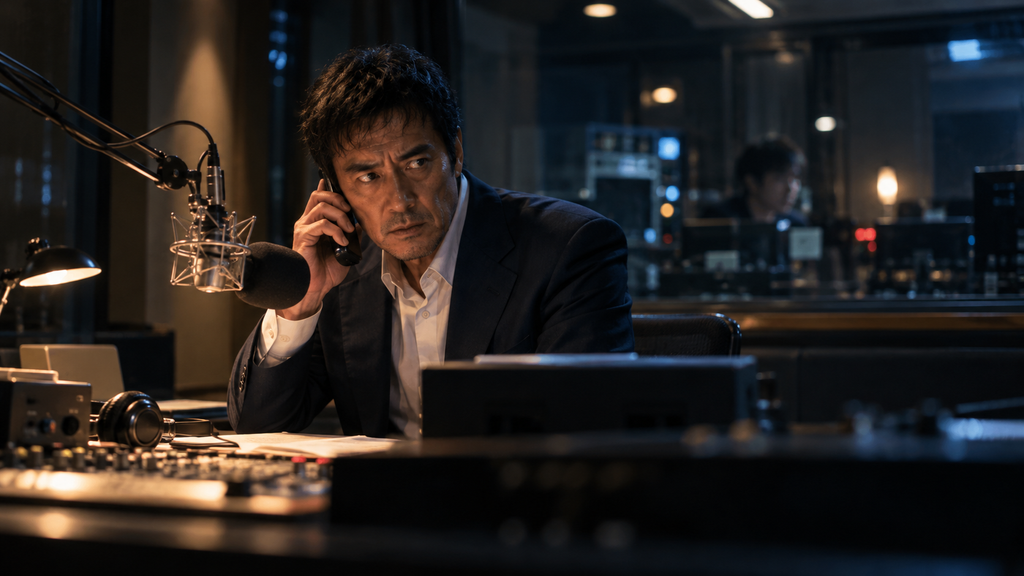 映画『ショウタイムセブン』の折本をイメージした男性が、生放送のスタジオで赤い起爆スイッチに手を伸ばす緊迫した場面