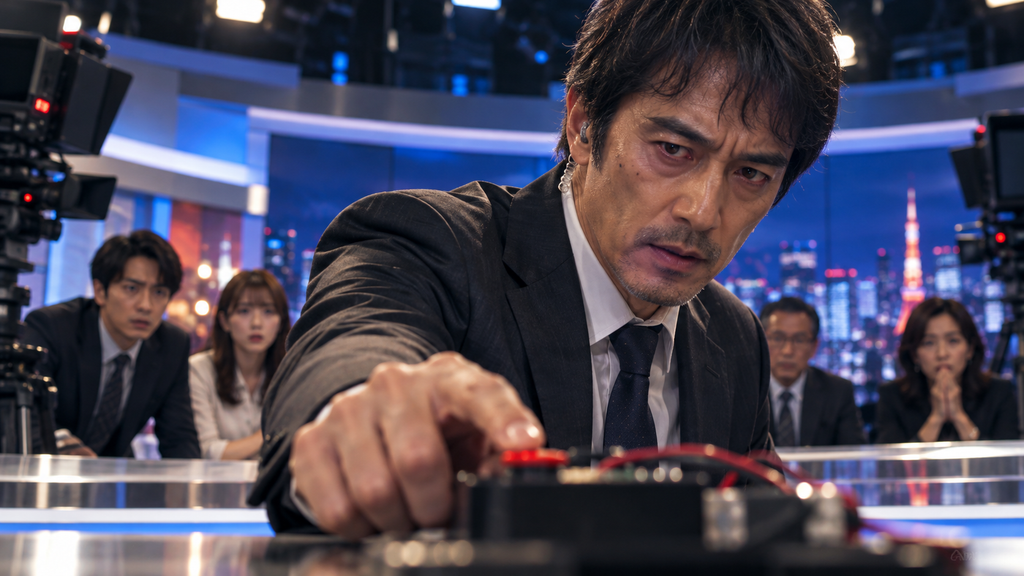 映画『ショウタイムセブン』の折本をイメージした男性が、テレビスタジオで机に身を乗り出し、周囲の出演者が緊張する場面
