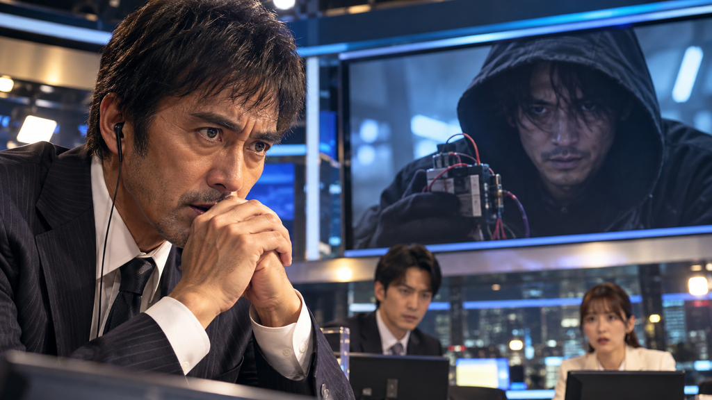 映画『ショウタイムセブン』の折本をイメージした男性が、薄暗いラジオブースで受話器を握り、緊張した表情を浮かべる場面