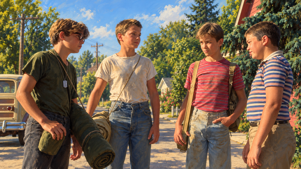 映画『スタンド・バイ・ミー』のゴーディ、クリス、テディ、バーンをイメージした、夏の町で旅の荷物を持って語り合う4人の少年