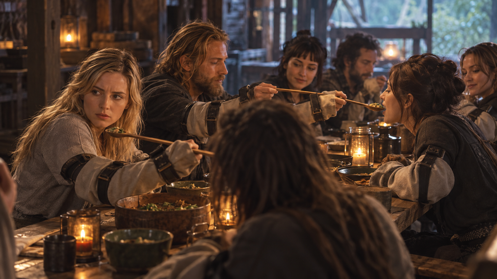 映画『ザ・イースト』でサラが共同体の食事を通して互いに助け合う思想を知る場面