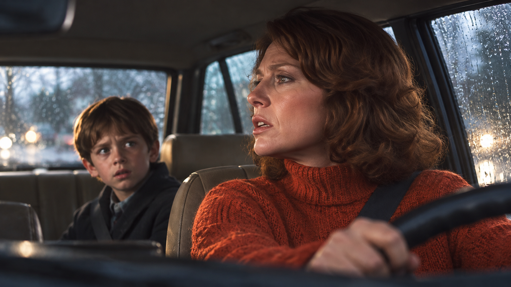 映画『シックス・センス』で車を運転する母親リンと、後部座席から母親を見つめる少年コール
