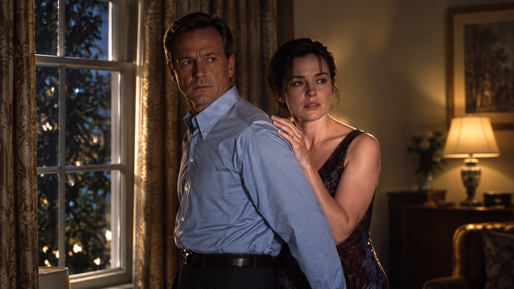 映画『シックス・センス』のマルコムと妻アンナをイメージし、薄暗い室内で男性の肩に女性が手を添える姿