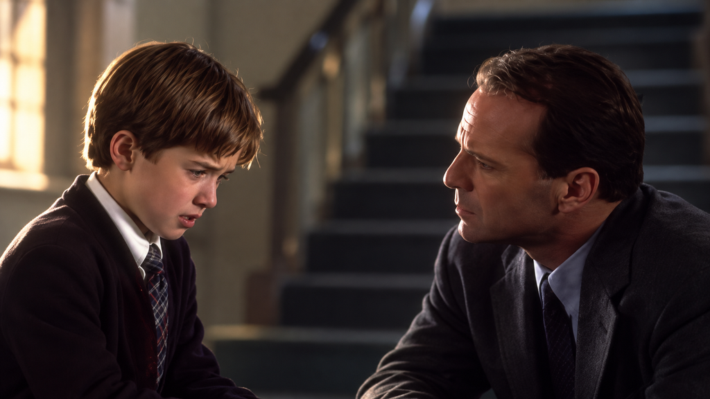 映画『シックス・センス』で悩む少年コールに優しく語りかける心理学者マルコム
