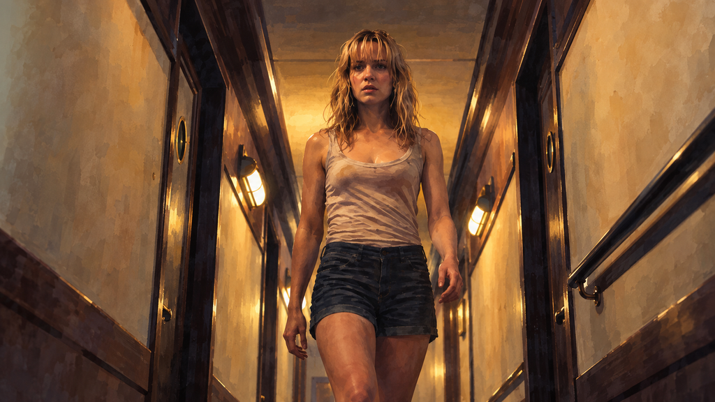 映画『トライアングル』の豪華客船内で鏡の赤い痕跡と鍵束に囲まれるジェス