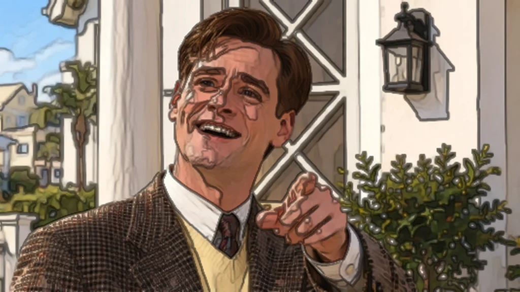 映画『トゥルーマン・ショー』で、美しい住宅街の前で笑顔で挨拶する主人公トゥルーマン