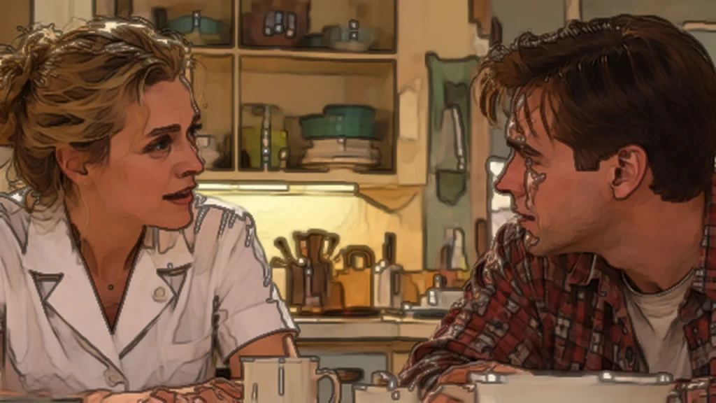 映画『トゥルーマン・ショー』で、キッチンで妻メリルと向き合うトゥルーマンの緊迫した場面