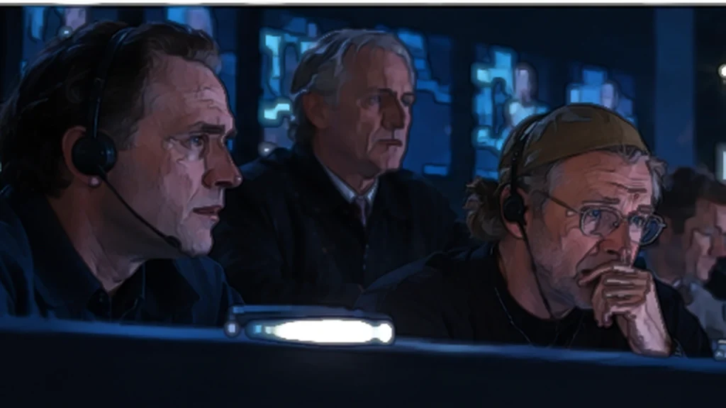 映画『トゥルーマン・ショー』で、巨大な監視室からトゥルーマンの人生を管理するクリストフと制作スタッフ