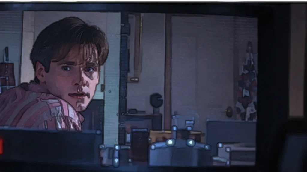 映画『トゥルーマン・ショー』で、隠しカメラに映る不安げな主人公と監視される日常を描いた場面