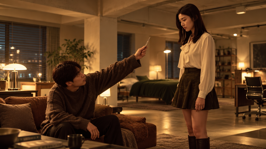 『スマホを落としただけなのに 最終章』で、室内で向き合う男女の間に緊張した駆け引きが生まれる場面